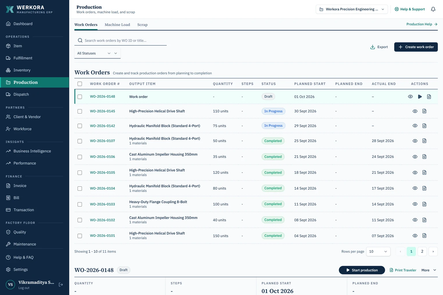 Werkora production module — work orders, BOMs and machine load